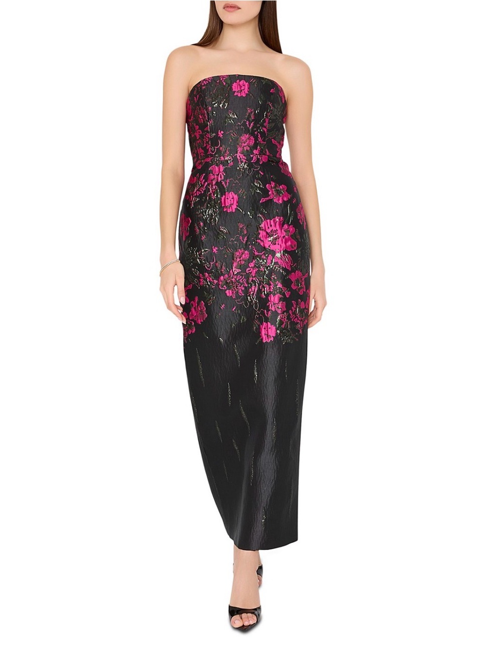 MILLY Orion Column Dress Pink Black Floral Strapless Midi Gown Size 10
